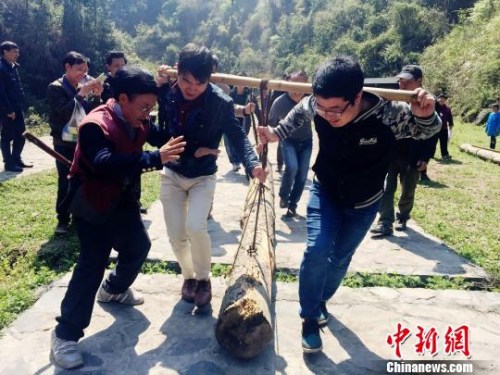 資料圖：游客體驗抬盤木艱難前行?！⒅?dāng)z